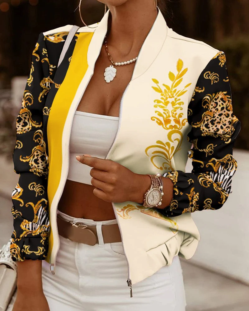 Damen Sportliche Bomberjacke mit Floralem Design und Kontrastierenden Ärmelakzenten Heidi-Mode - Image 2