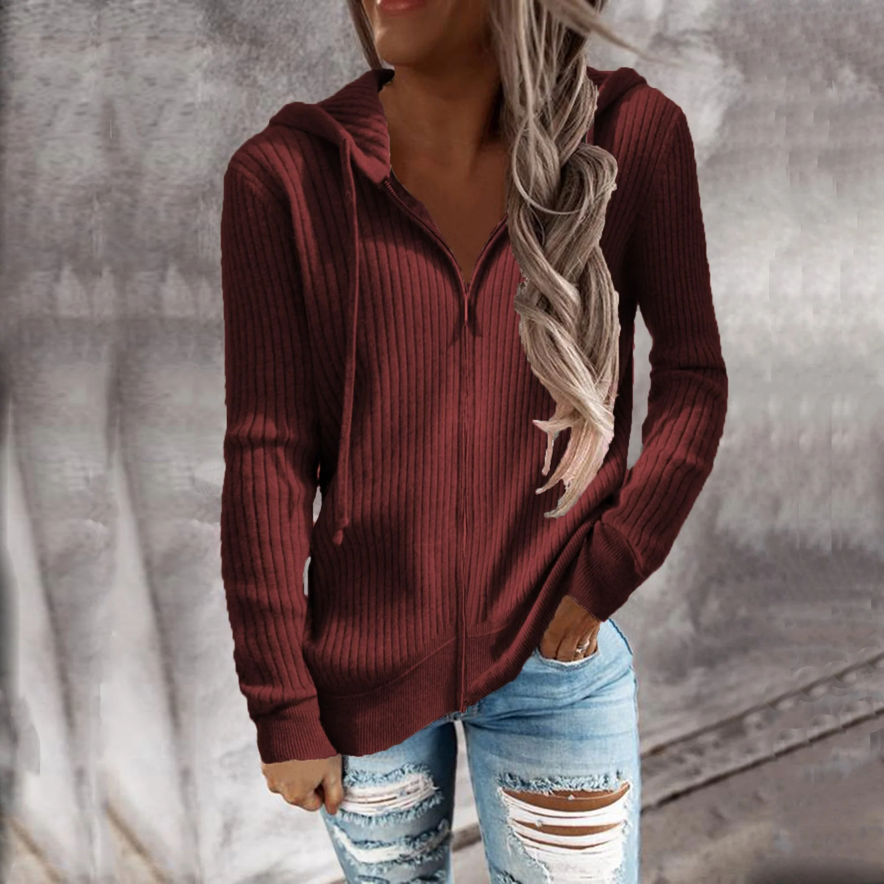 Damen Sportliche Kapuzenjacke mit Strukturierter Rippoptik und Praktischen Taschen Heidi-Mode - Image 3