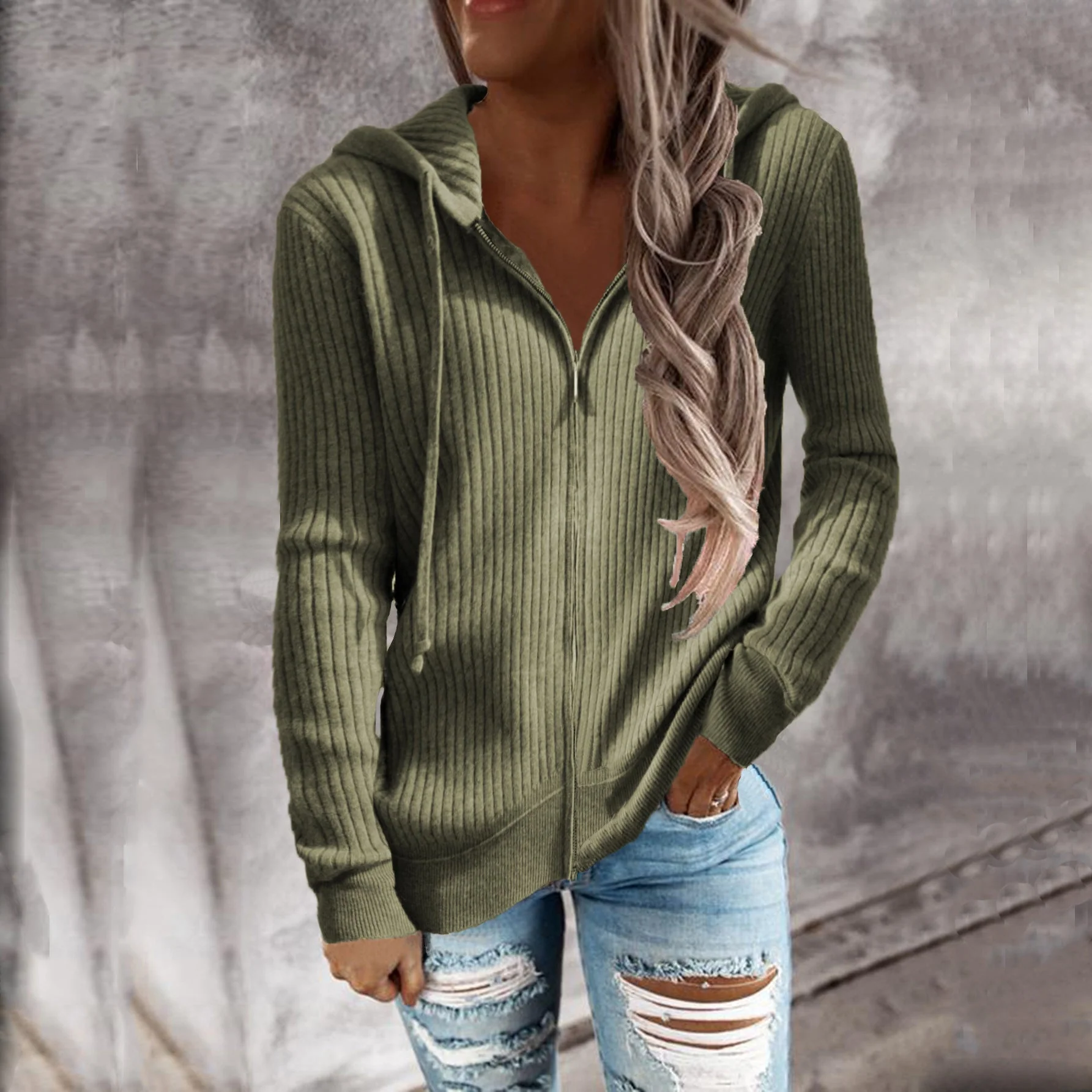Damen Sportliche Kapuzenjacke mit Strukturierter Rippoptik und Praktischen Taschen Heidi-Mode - Image 4