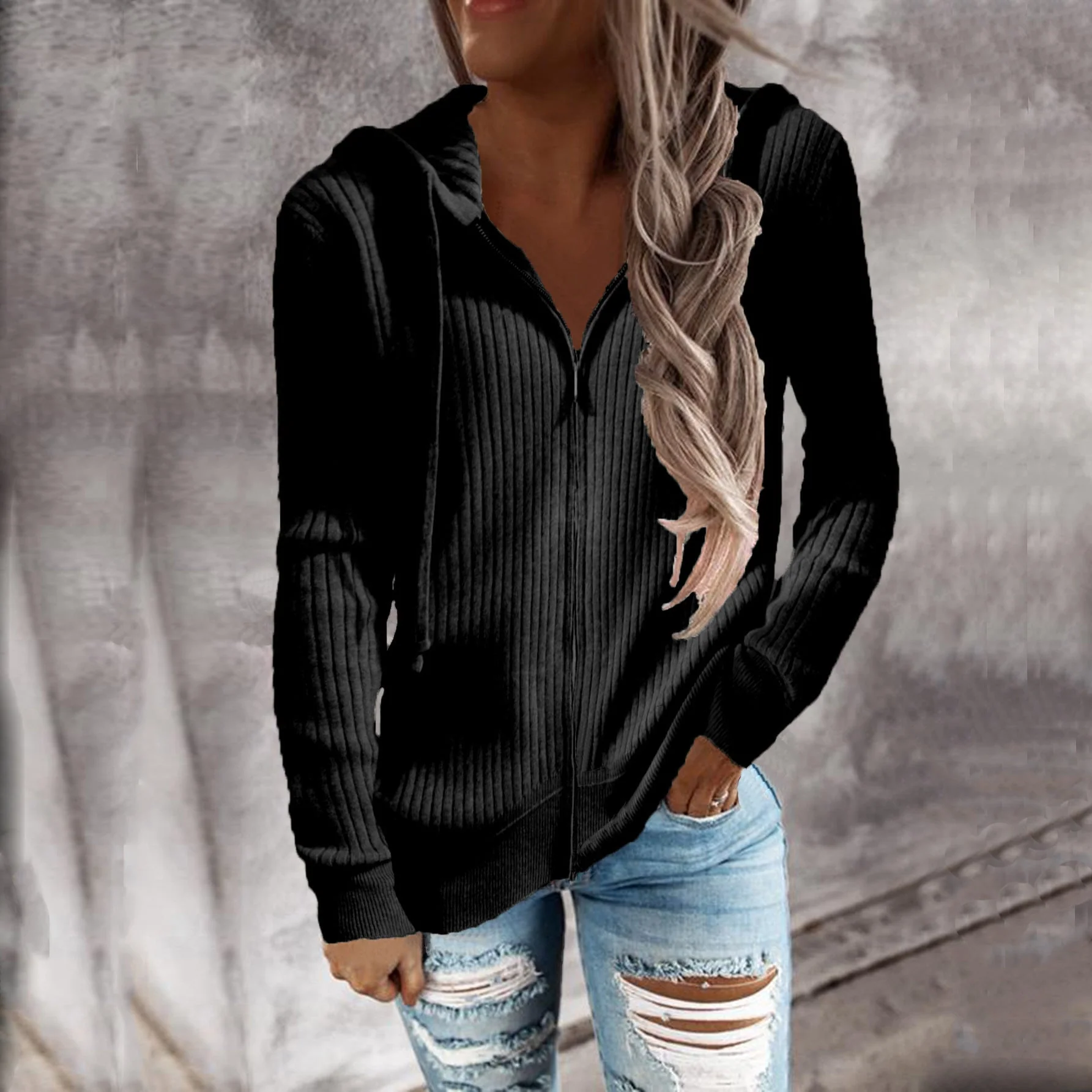 Damen Sportliche Kapuzenjacke mit Strukturierter Rippoptik und Praktischen Taschen Heidi-Mode - Image 6