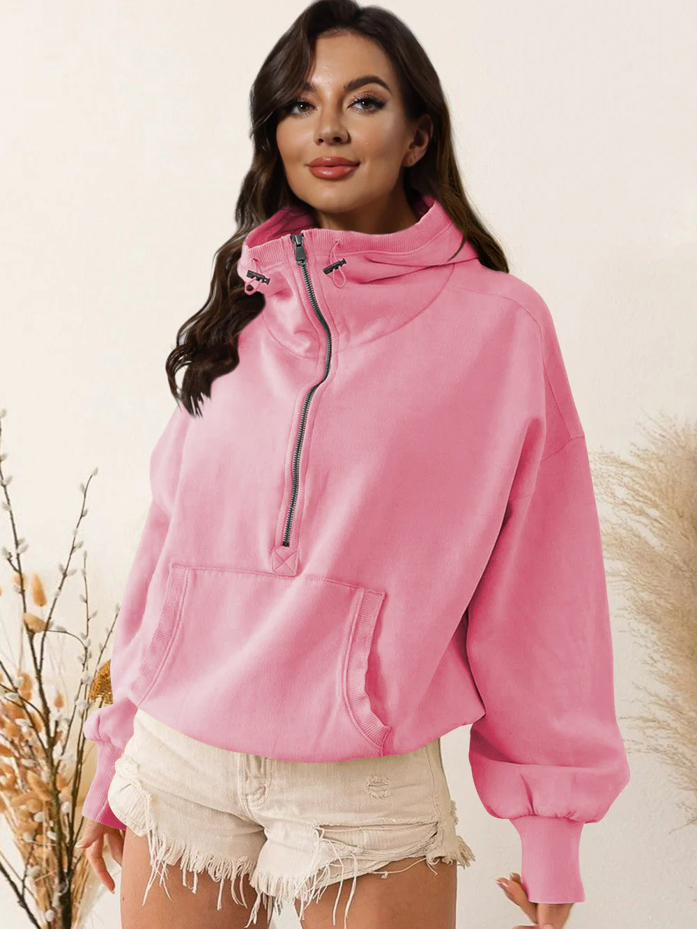 Damen sportlicher Kapuzenpullover mit halbem Reißverschluss und funktionalen Taschen Heidi-Mode - Image 10