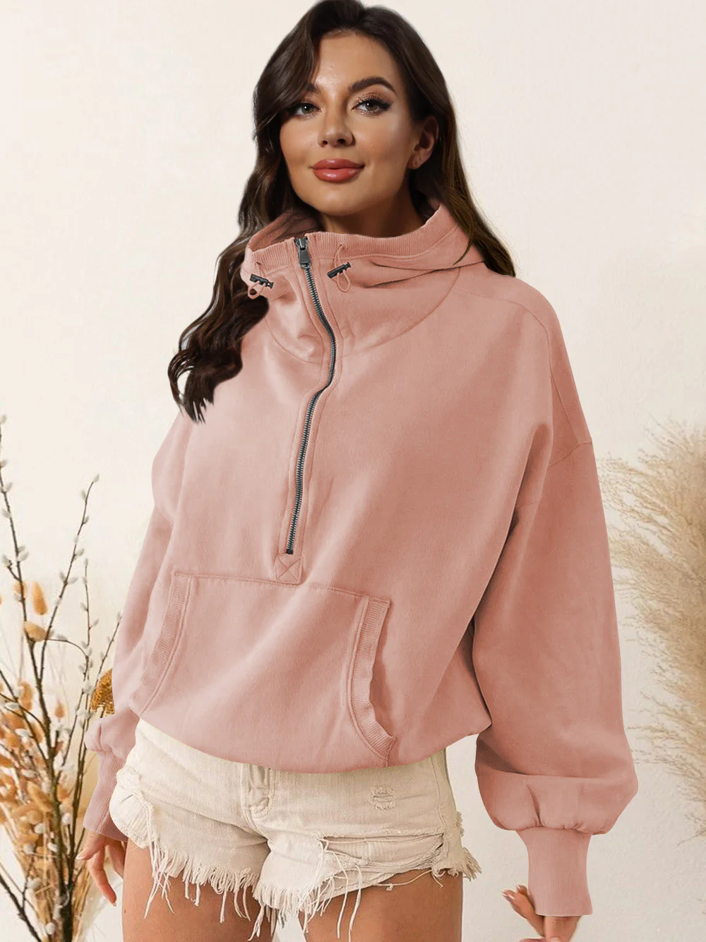 Damen sportlicher Kapuzenpullover mit halbem Reißverschluss und funktionalen Taschen Heidi-Mode - Image 2
