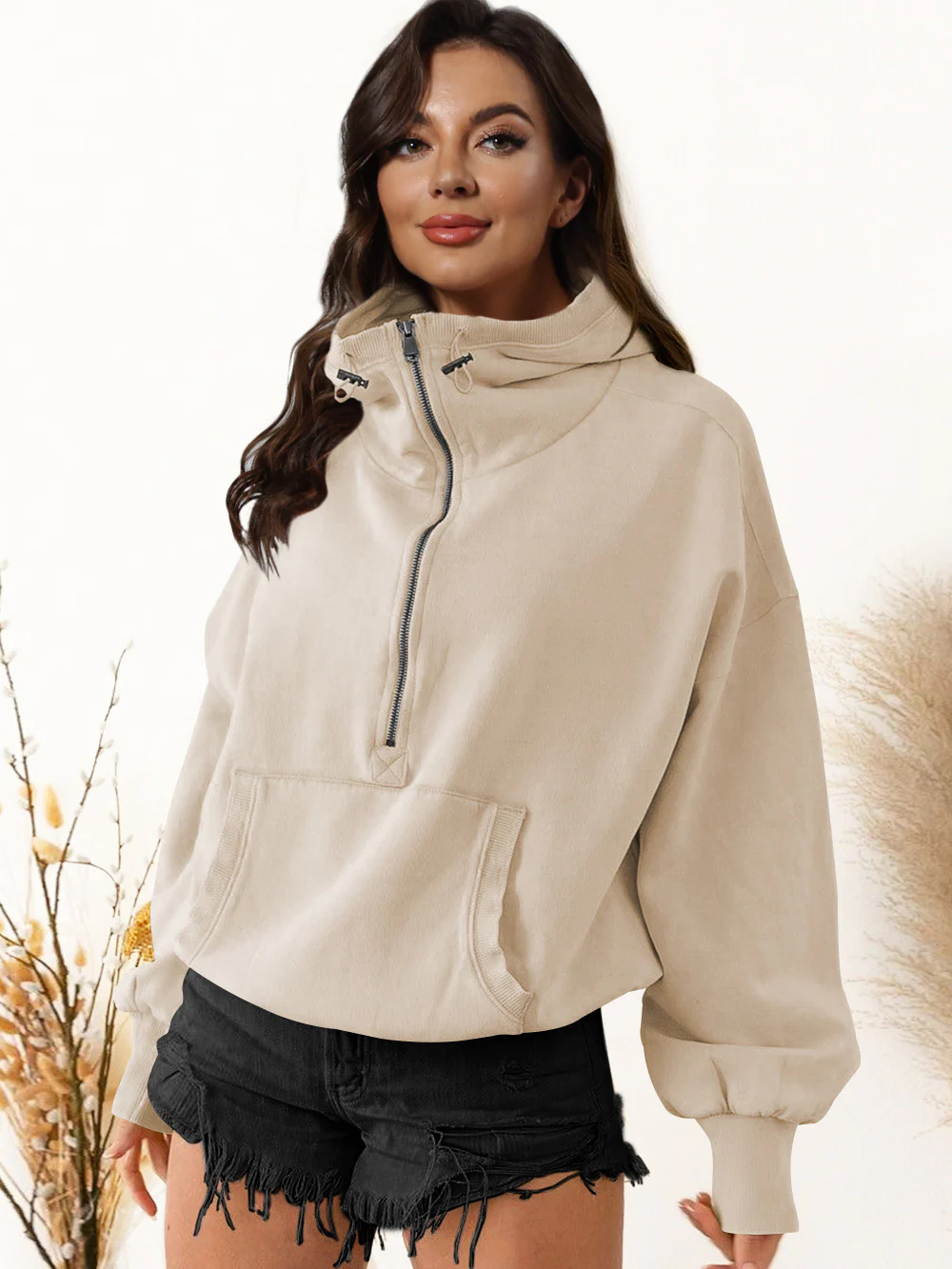 Damen sportlicher Kapuzenpullover mit halbem Reißverschluss und funktionalen Taschen Heidi-Mode - Image 6