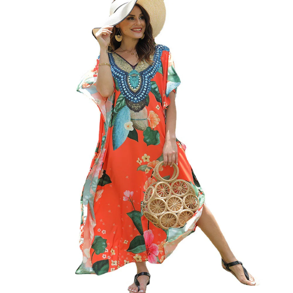 Damen Strandkaftan mit Kunstvollem Blumenmuster und Dekorativer Perlenverzierung Heidi-Mode - Image 5