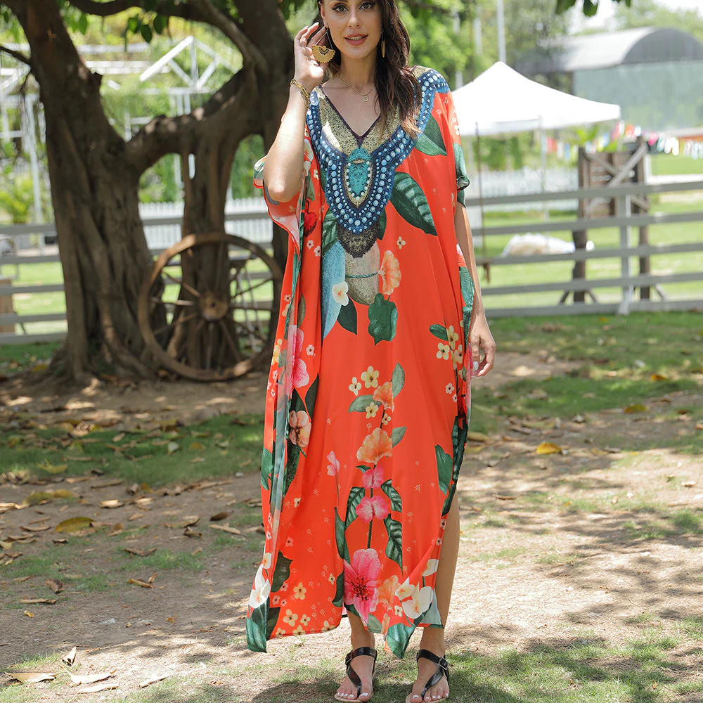 Damen Strandkaftan mit Kunstvollem Blumenmuster und Dekorativer Perlenverzierung Heidi-Mode - Image 6