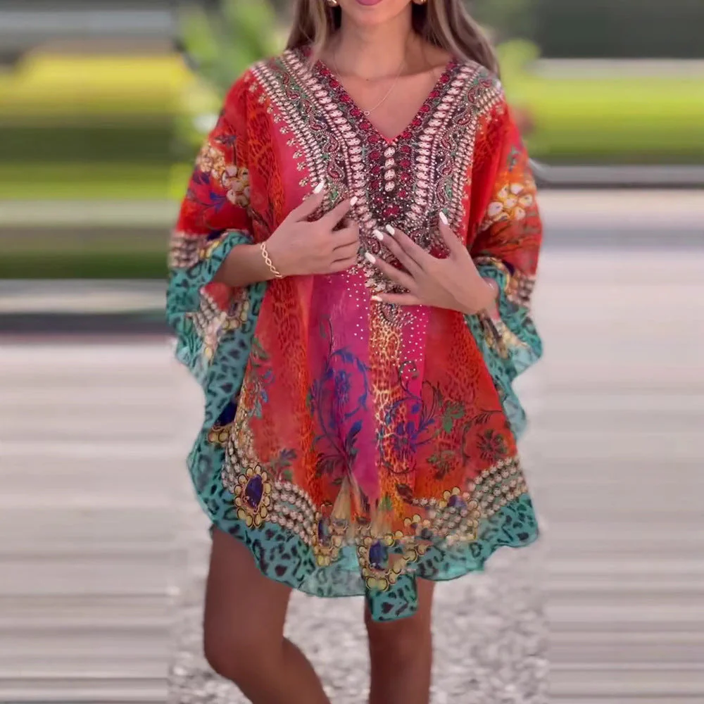 Damen Strandkleid Im Farbenfrohen Boho-Stil mit Verspieltem Design und Tiefem V-Ausschnitt Heidi-Mode - Image 3
