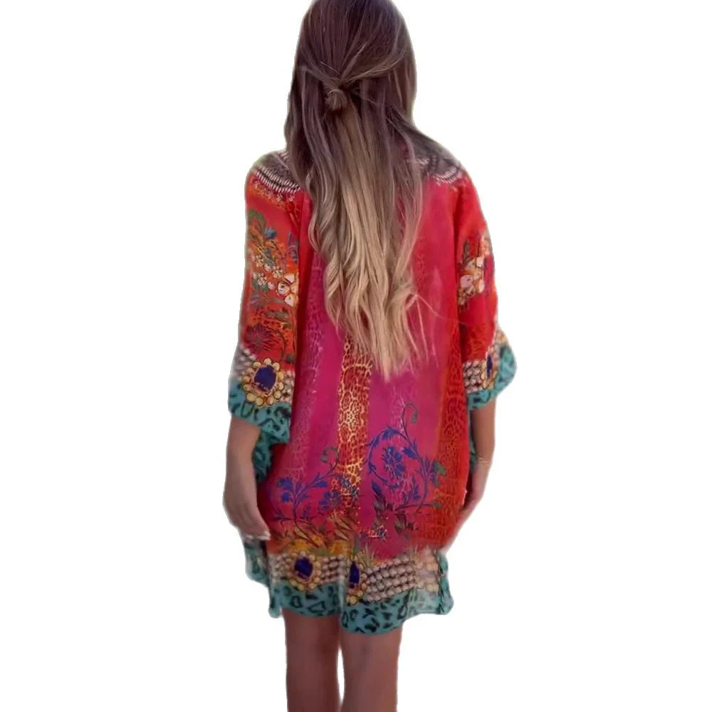 Damen Strandkleid Im Farbenfrohen Boho-Stil mit Verspieltem Design und Tiefem V-Ausschnitt Heidi-Mode - Image 5