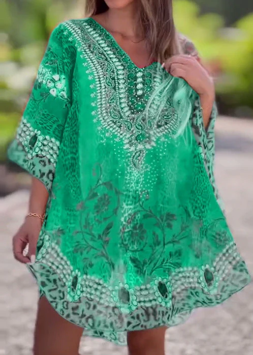 Damen Strandkleid Im Farbenfrohen Boho-Stil mit Verspieltem Design und Tiefem V-Ausschnitt Heidi-Mode - Image 6