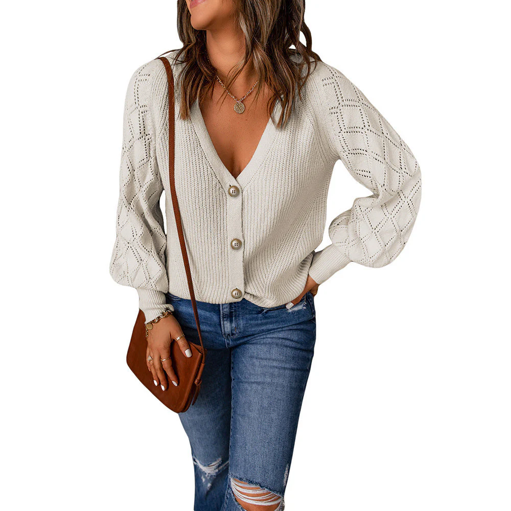 Damen Strickjacke mit V-Ausschnitt und Puffärmeln Heidi-Mode - Image 10