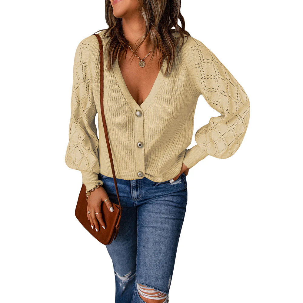 Damen Strickjacke mit V-Ausschnitt und Puffärmeln Heidi-Mode - Image 2