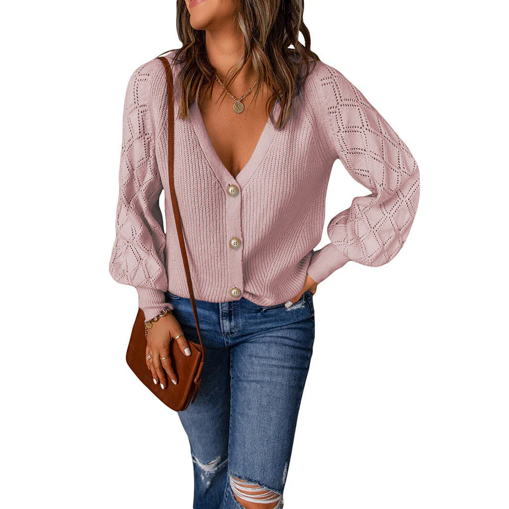 Damen Strickjacke mit V-Ausschnitt und Puffärmeln Heidi-Mode - Image 3