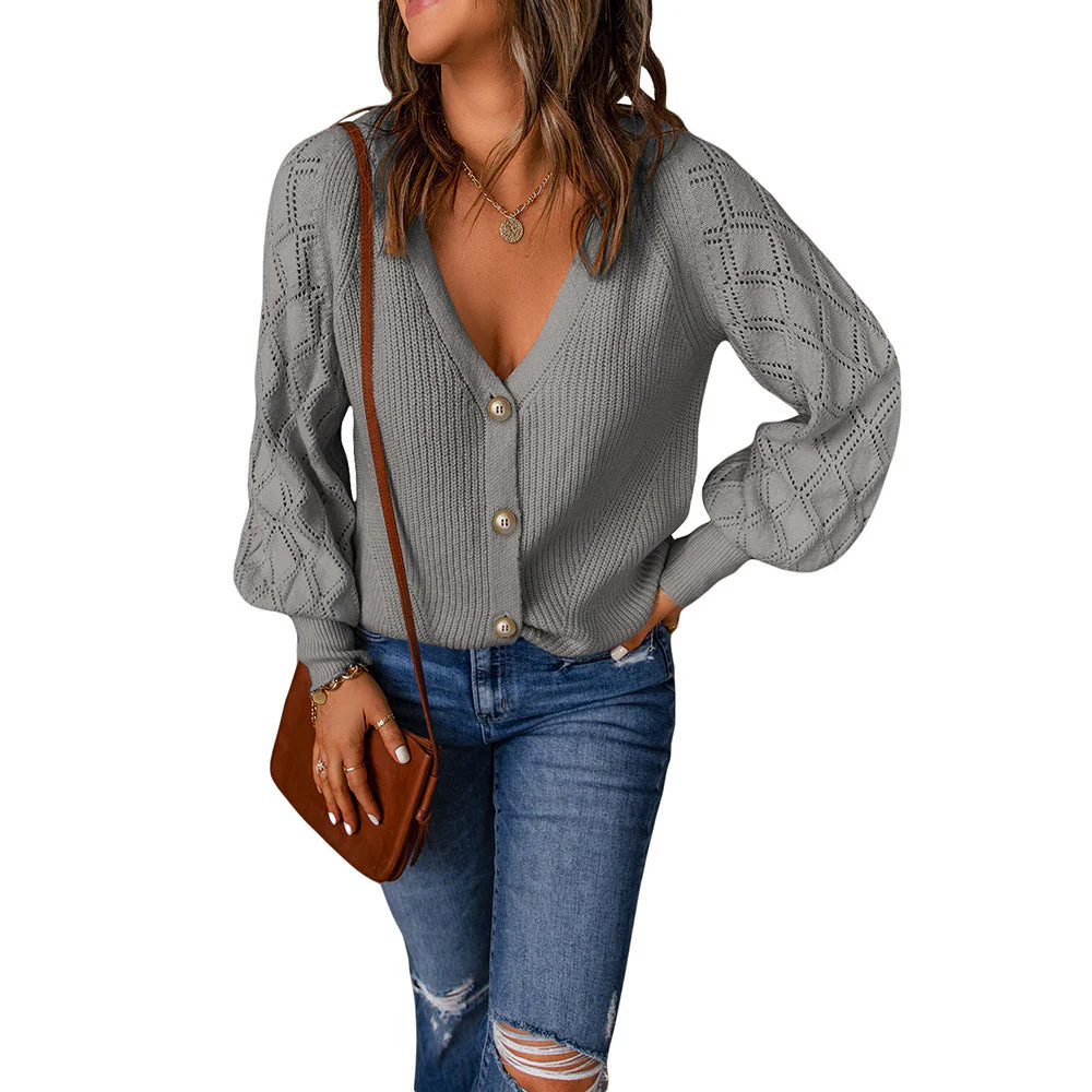 Damen Strickjacke mit V-Ausschnitt und Puffärmeln Heidi-Mode - Image 4