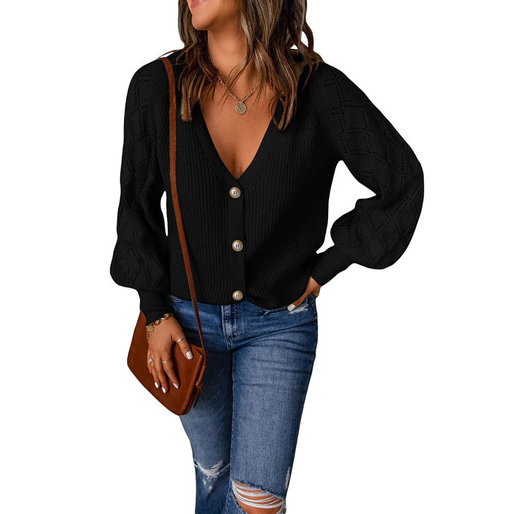 Damen Strickjacke mit V-Ausschnitt und Puffärmeln Heidi-Mode - Image 8