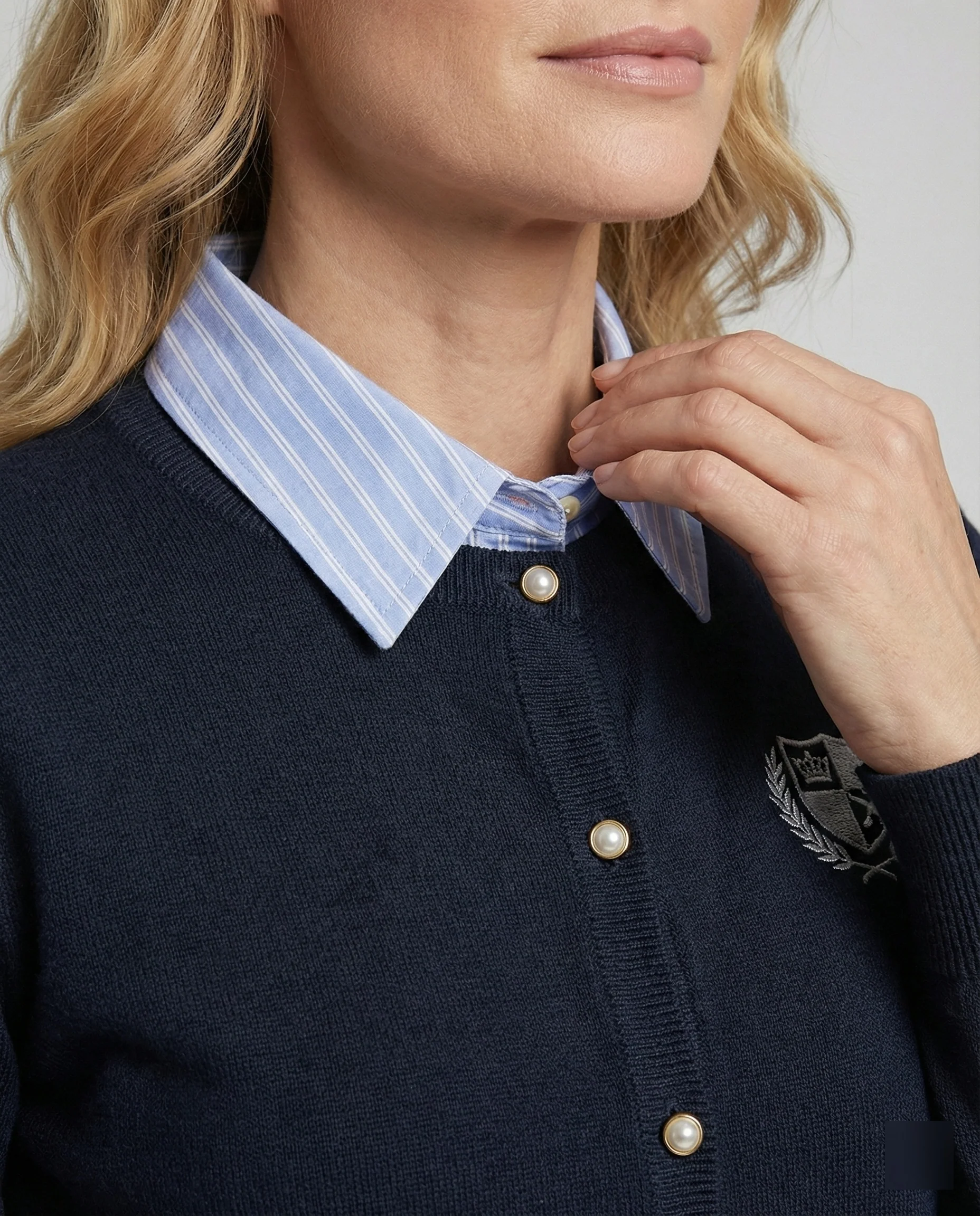 Damen Strickjacke Navy Blau College Stil Fake-Zweiteiler Kurzes Oberteil - Image 2