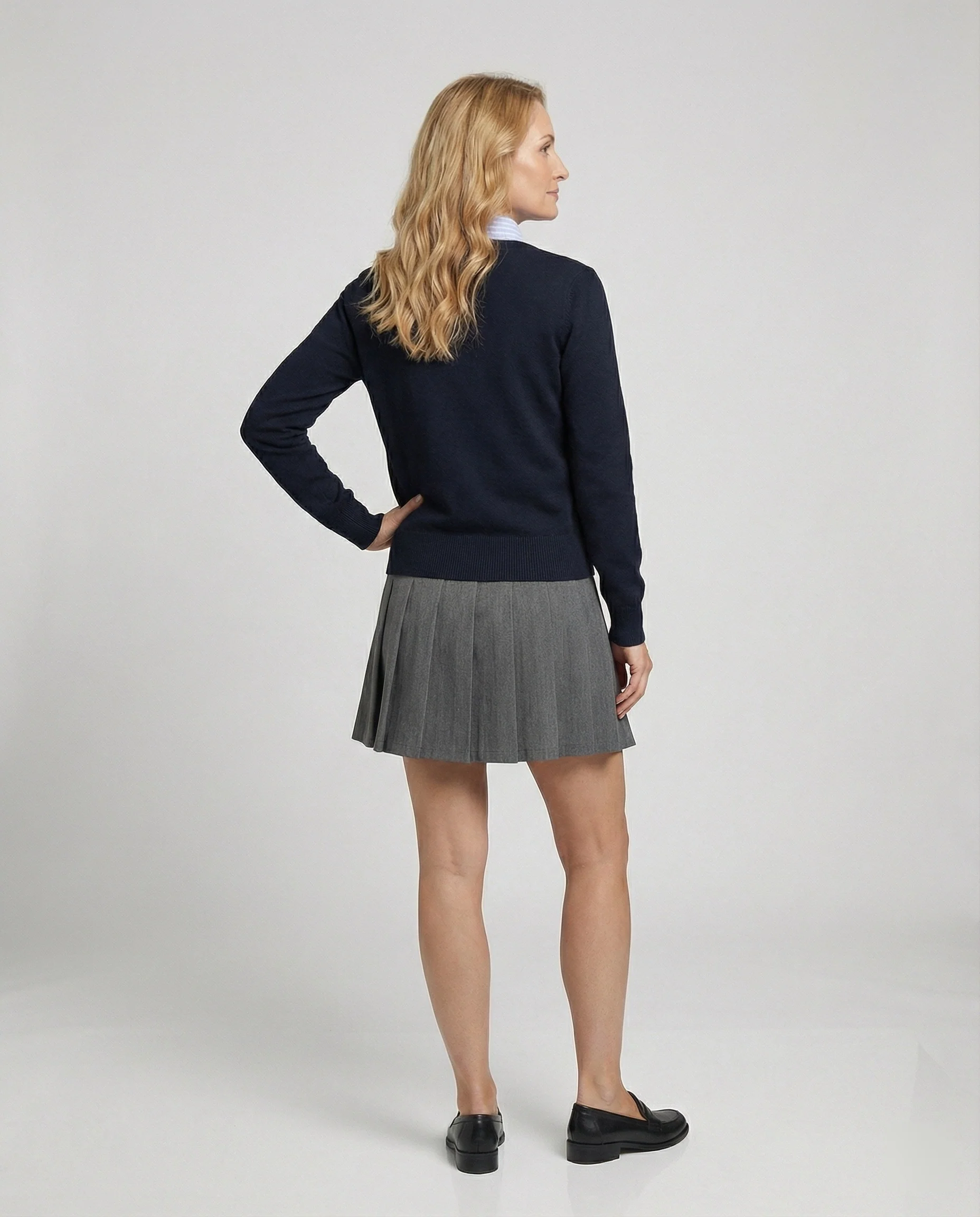 Damen Strickjacke Navy Blau College Stil Fake-Zweiteiler Kurzes Oberteil - Image 4