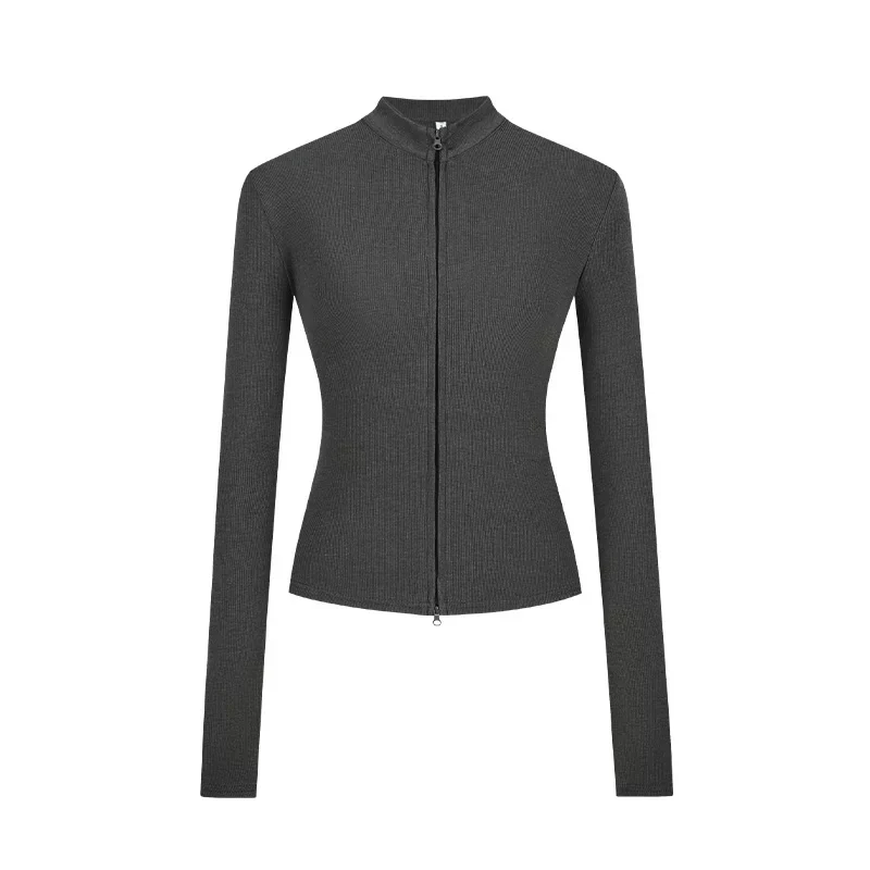 Damen Strickjacke Slim Fit Doppel-Reißverschluss Stehkragen Frühling - Image 10