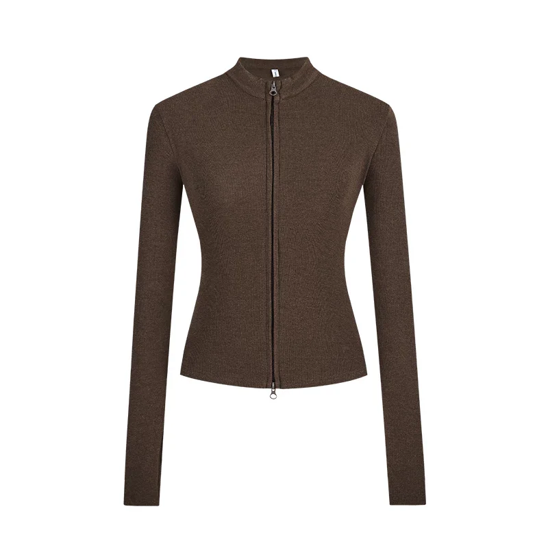 Damen Strickjacke Slim Fit Doppel-Reißverschluss Stehkragen Frühling - Image 11