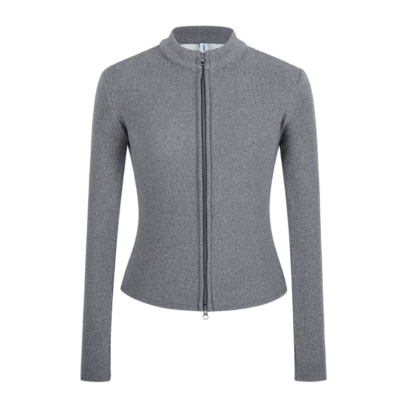 Damen Strickjacke Slim Fit Doppel-Reißverschluss Stehkragen Frühling - Image 13