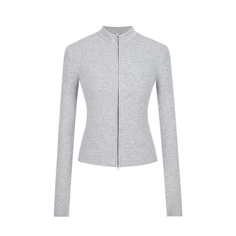 Damen Strickjacke Slim Fit Doppel-Reißverschluss Stehkragen Frühling - Image 8