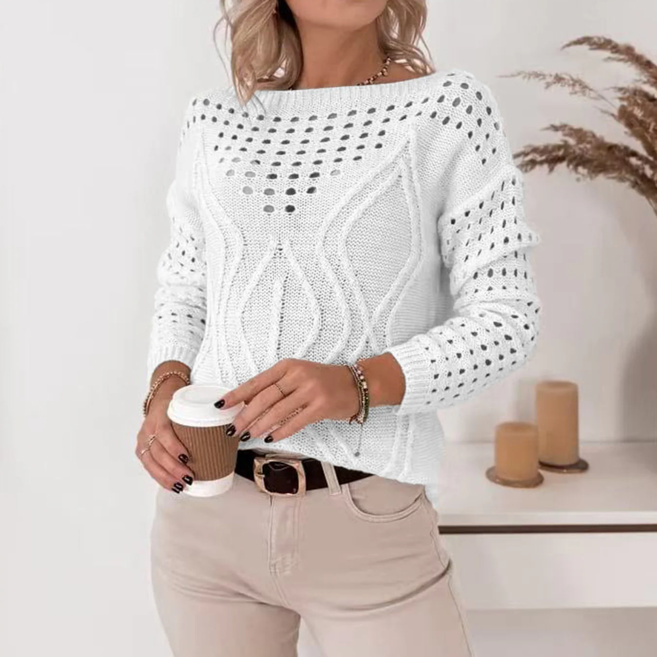 Damen Strickpullover mit luftigen Lochmustern und zartem Zopfdesign Heidi-Mode - Image 3