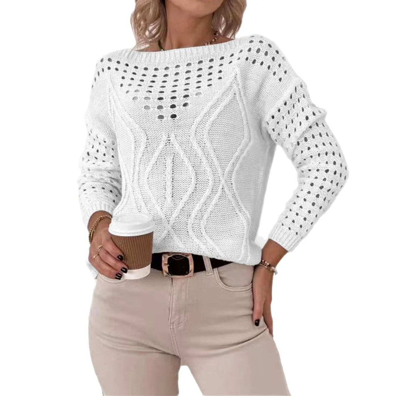 Damen Strickpullover mit luftigen Lochmustern und zartem Zopfdesign Heidi-Mode - Image 5