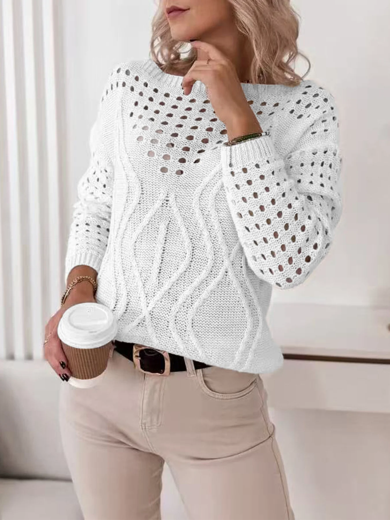 Damen Strickpullover mit luftigen Lochmustern und zartem Zopfdesign Heidi-Mode - Image 6