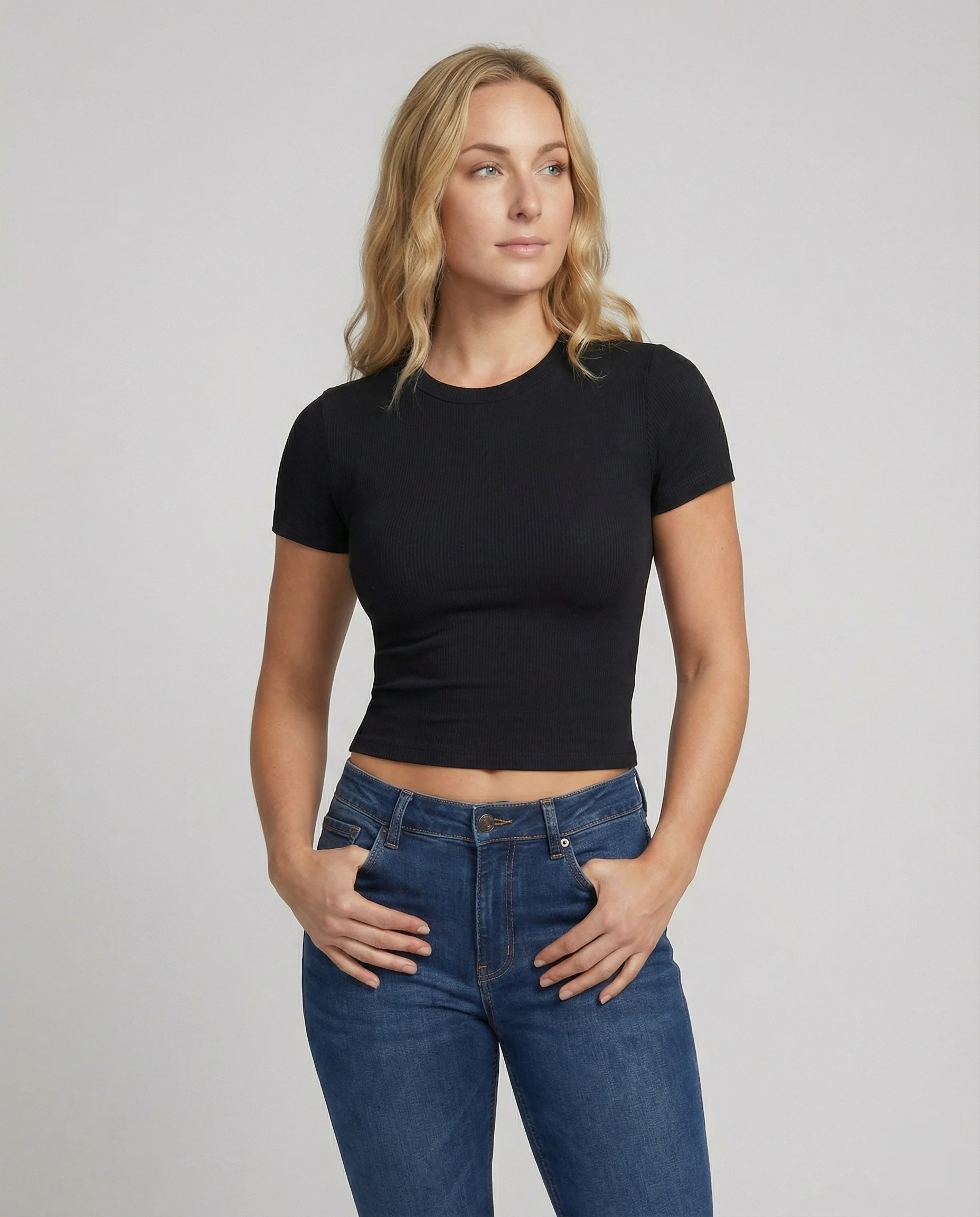 Damen T-Shirt Slim-Fit Elastisch Kurzarm Rundhals Einfarbig Sommer Basic - Image 3