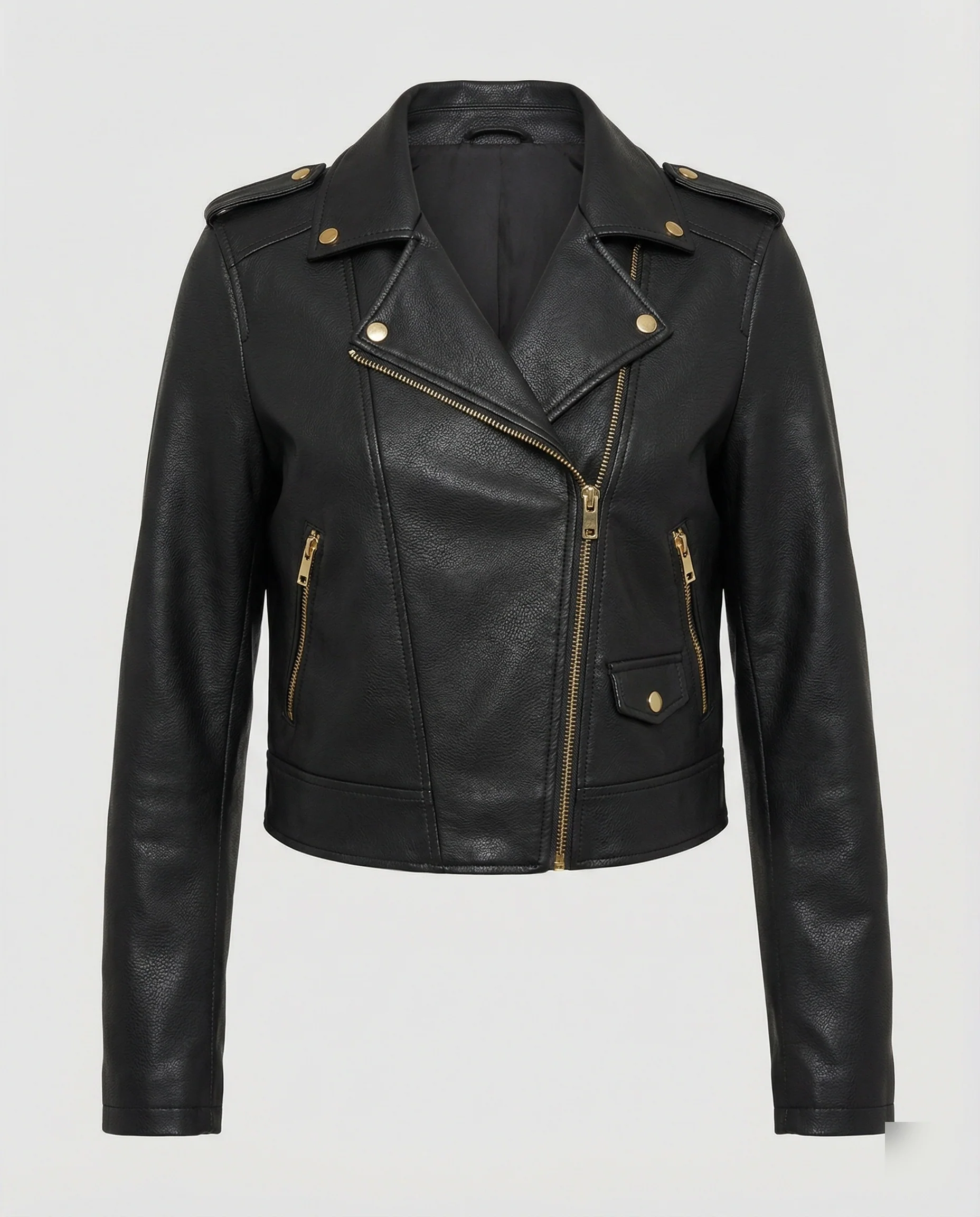 Damen taillenkurze Bikerjacke in Glattlederoptik mit übergroßem Hemdkragen, asymmetrischem Reißverschluss und Reißverschlussmanschetten Heidi-Mode - Image 5