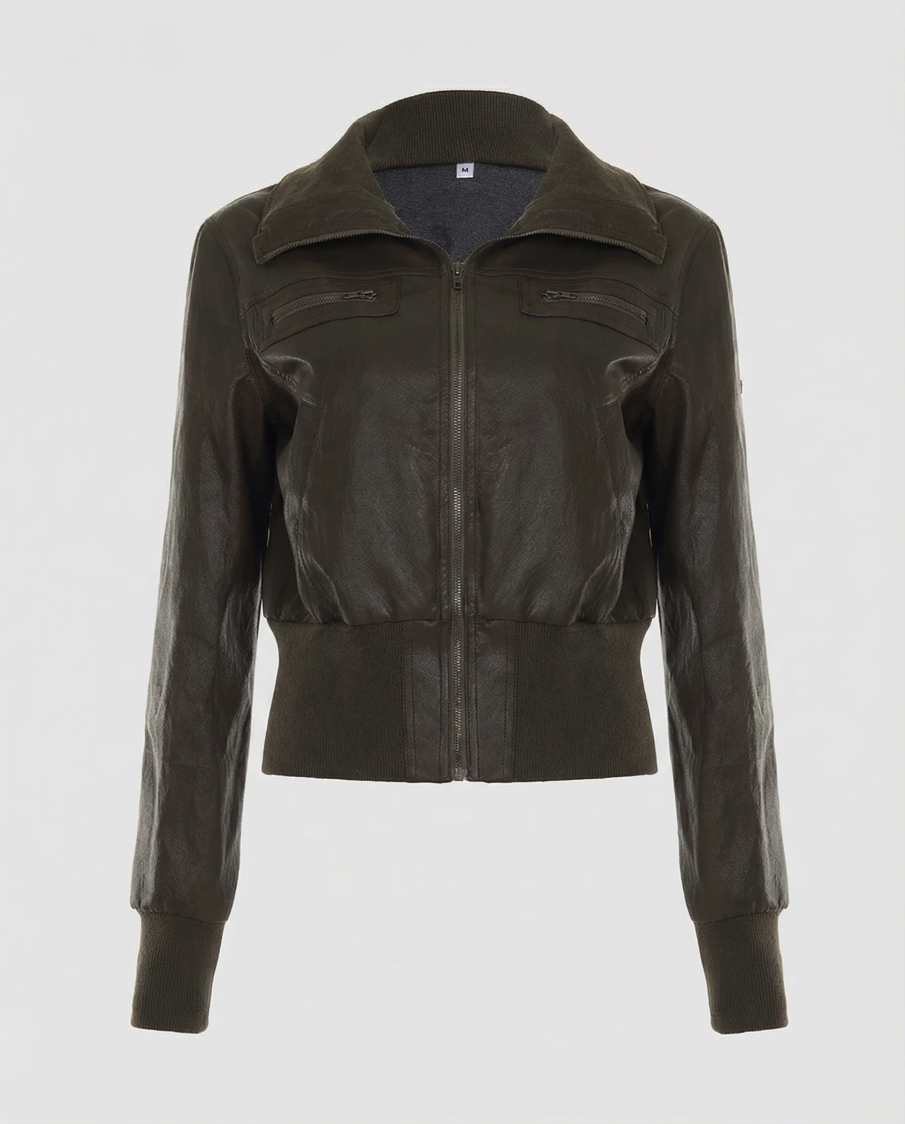Damen taillierte Bomberjacke in Lederoptik mit Umschlagkragen, elastischem Rippsaum und Reißverschluss-Brusttaschen Heidi-Mode - Image 5