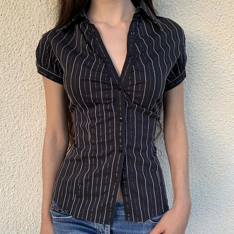Damen taillierte Kurzarmbluse mit Streifenmuster Heidi-Mode - Image 5