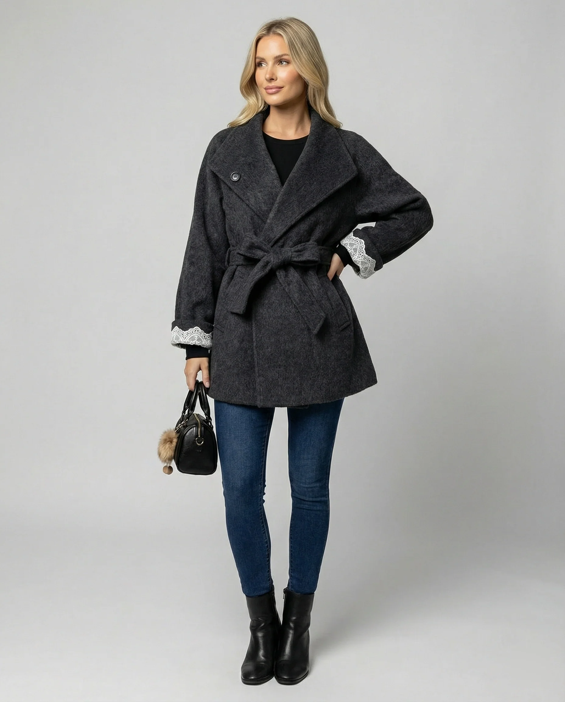 Damen taillierter Wollmix-Mantel mit Bindegürtel und Spitzmanschetten Heidi-Mode - Image 2