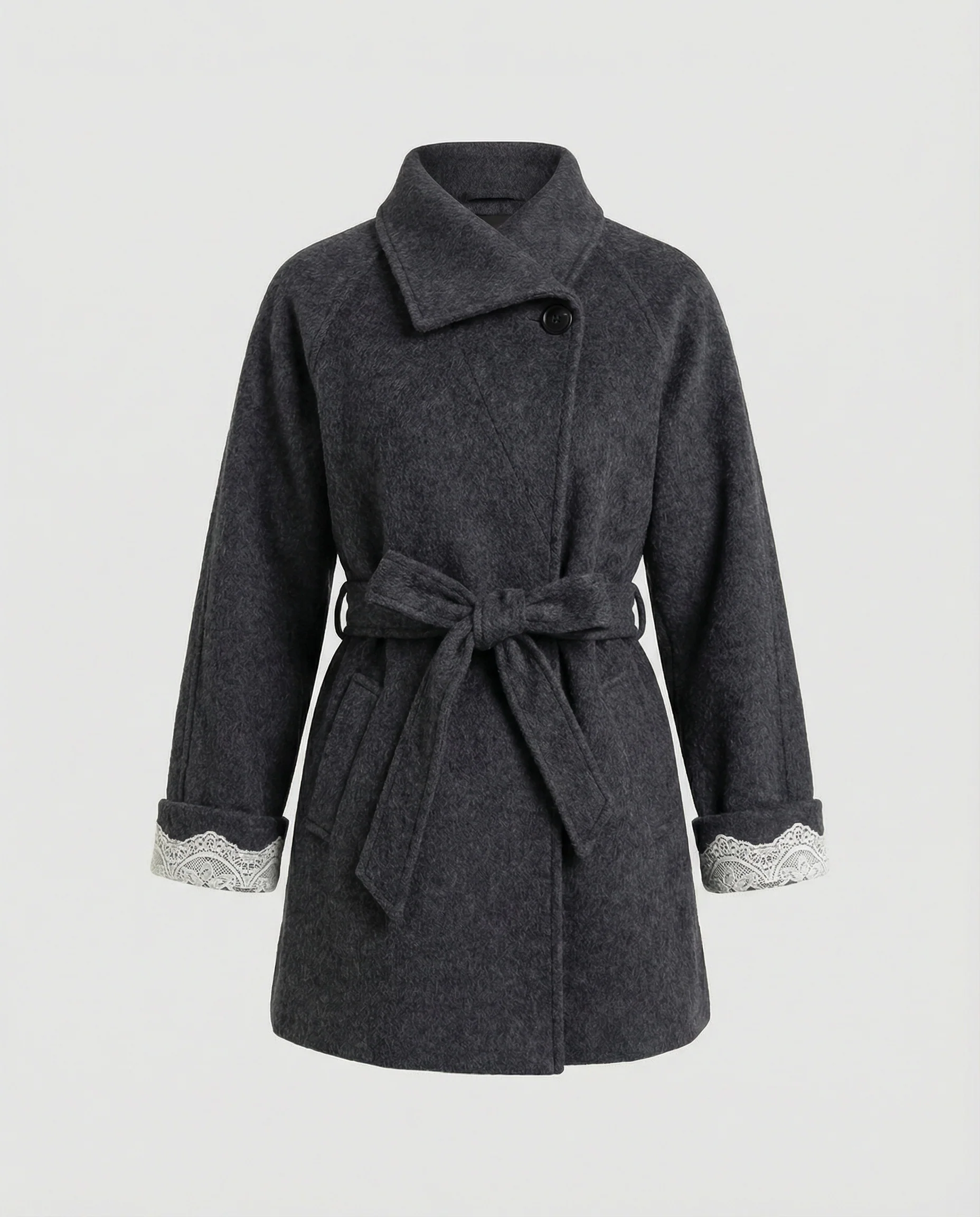 Damen taillierter Wollmix-Mantel mit Bindegürtel und Spitzmanschetten Heidi-Mode - Image 5