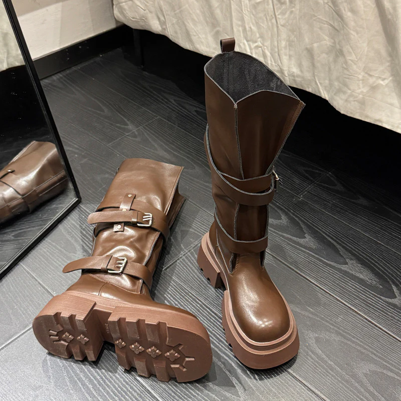 Damen trendige hohe Stiefel mit doppeltem Riemen und robustem Plateau-Heel Heidi Mode - Image 2