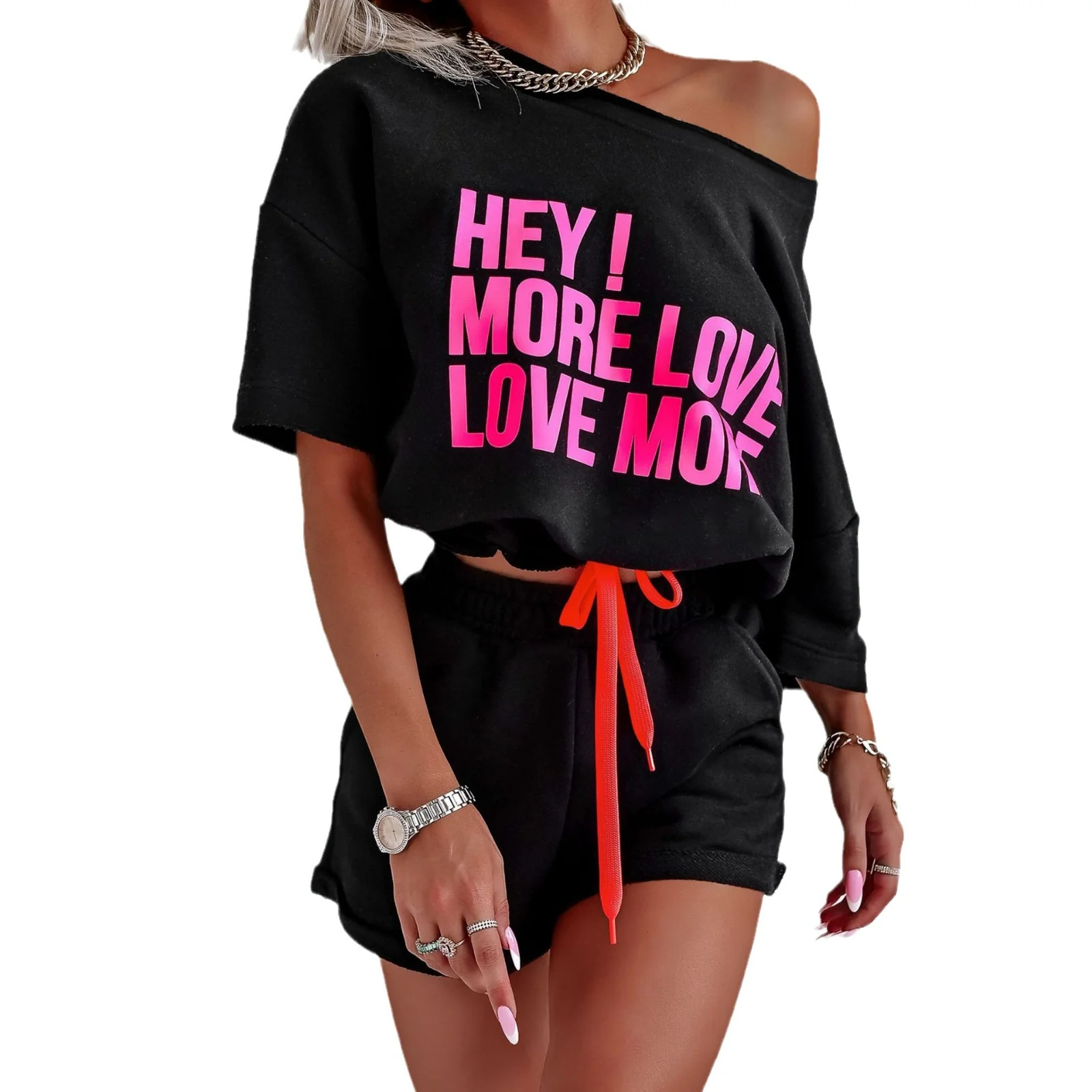 Damen Trendiges Cropped-Loungewear-Set mit auffälligem Grafikdruck und elastischem Bund Heidi-Mode - Image 5
