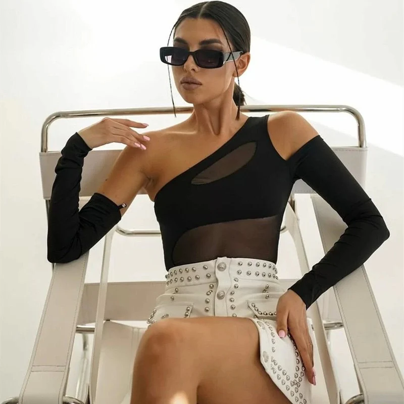 Damen Trendy One-Shoulder Body mit transparenten Einsätzen Heidi-Mode - Image 4
