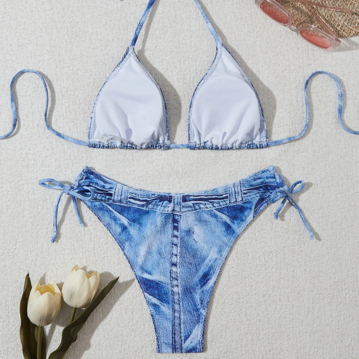 Damen Triangel-Bikini Im Jeans-Look mit Verstellbaren Kordelbindungen Heidi-Mode - Image 4