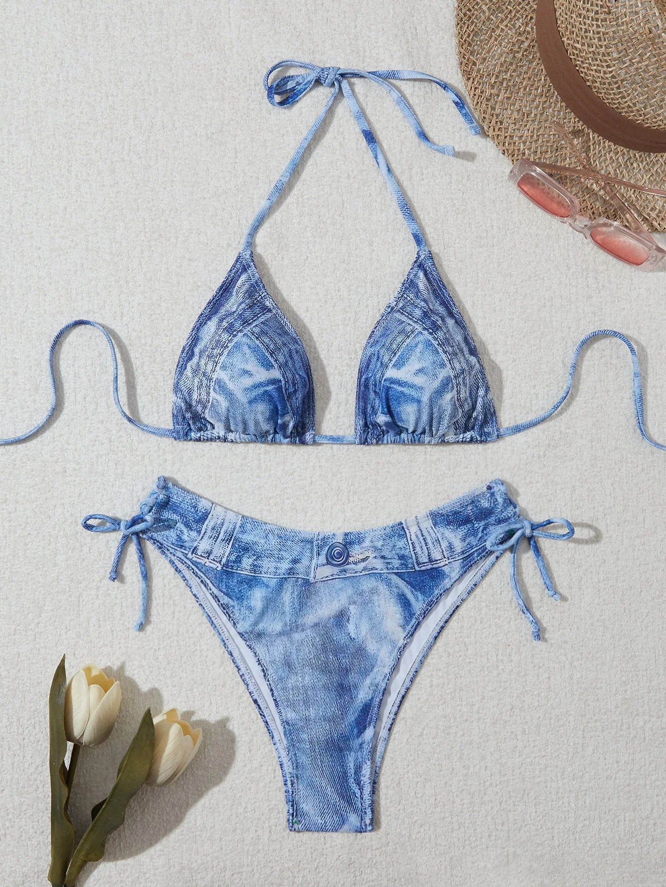 Damen Triangel-Bikini Im Jeans-Look mit Verstellbaren Kordelbindungen Heidi-Mode - Image 6