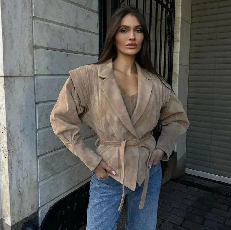 Damen Übergangsjacke Aus Weichem Wildleder mit Taillierbarem Gürtel und Voluminösen Ärmeln Heidi-Mode - Image 4