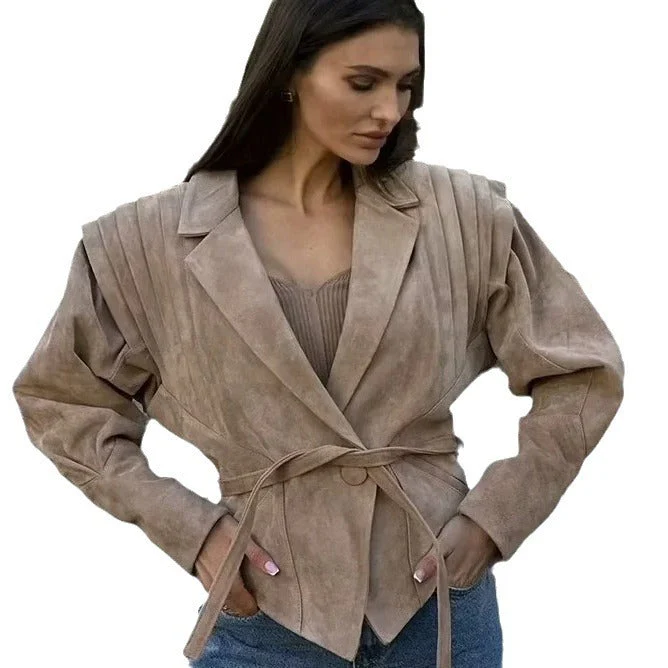 Damen Übergangsjacke Aus Weichem Wildleder mit Taillierbarem Gürtel und Voluminösen Ärmeln Heidi-Mode - Image 5