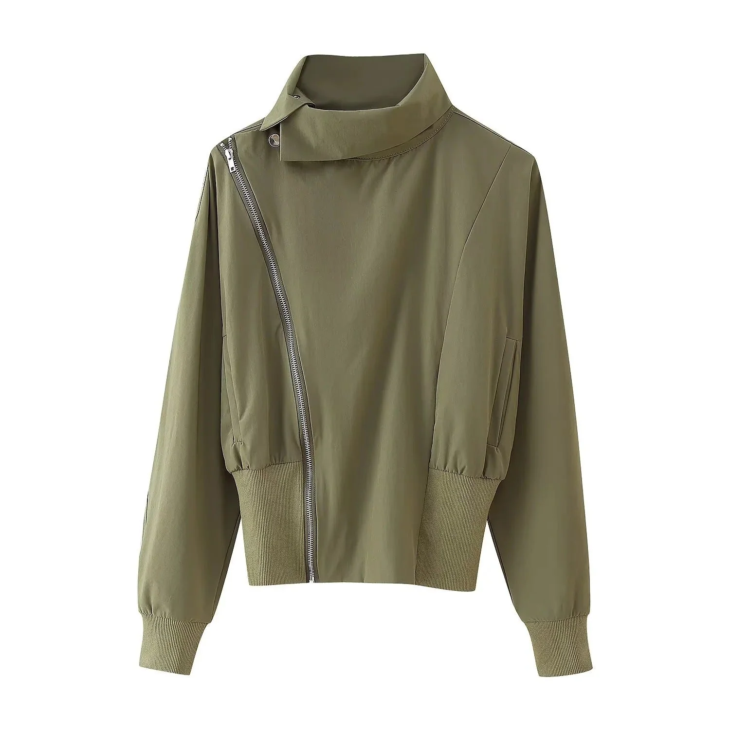 Damen Übergangsjacke mit Modernem Asymmetrischem Reißverschluss und Hohen Kragen Heidi-Mode