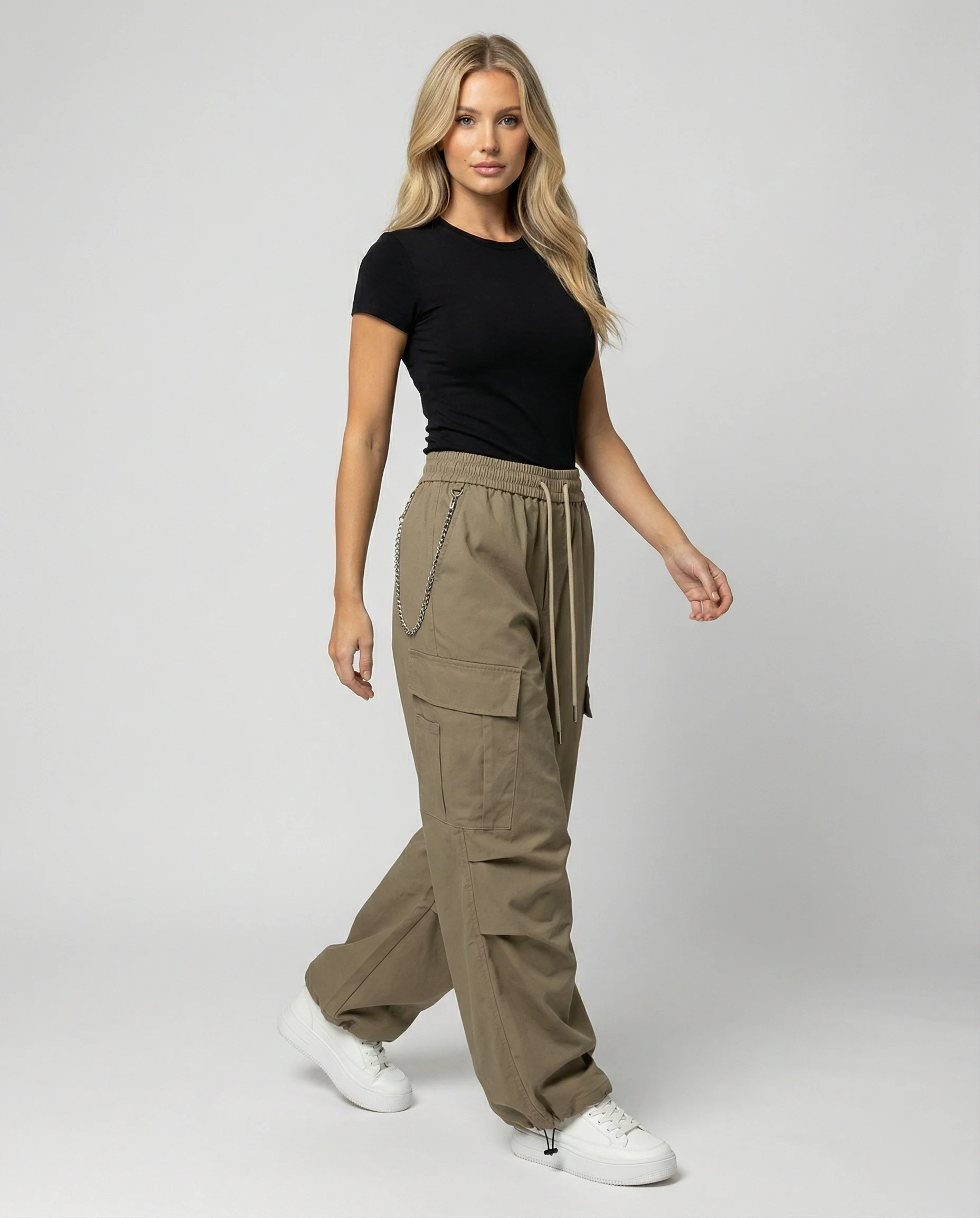 Damen utilitaristische weit geschnittene Cargo-Hose mit hohem Bund Kordelzug und Saumverstellung Heidi-Mode - Image 2