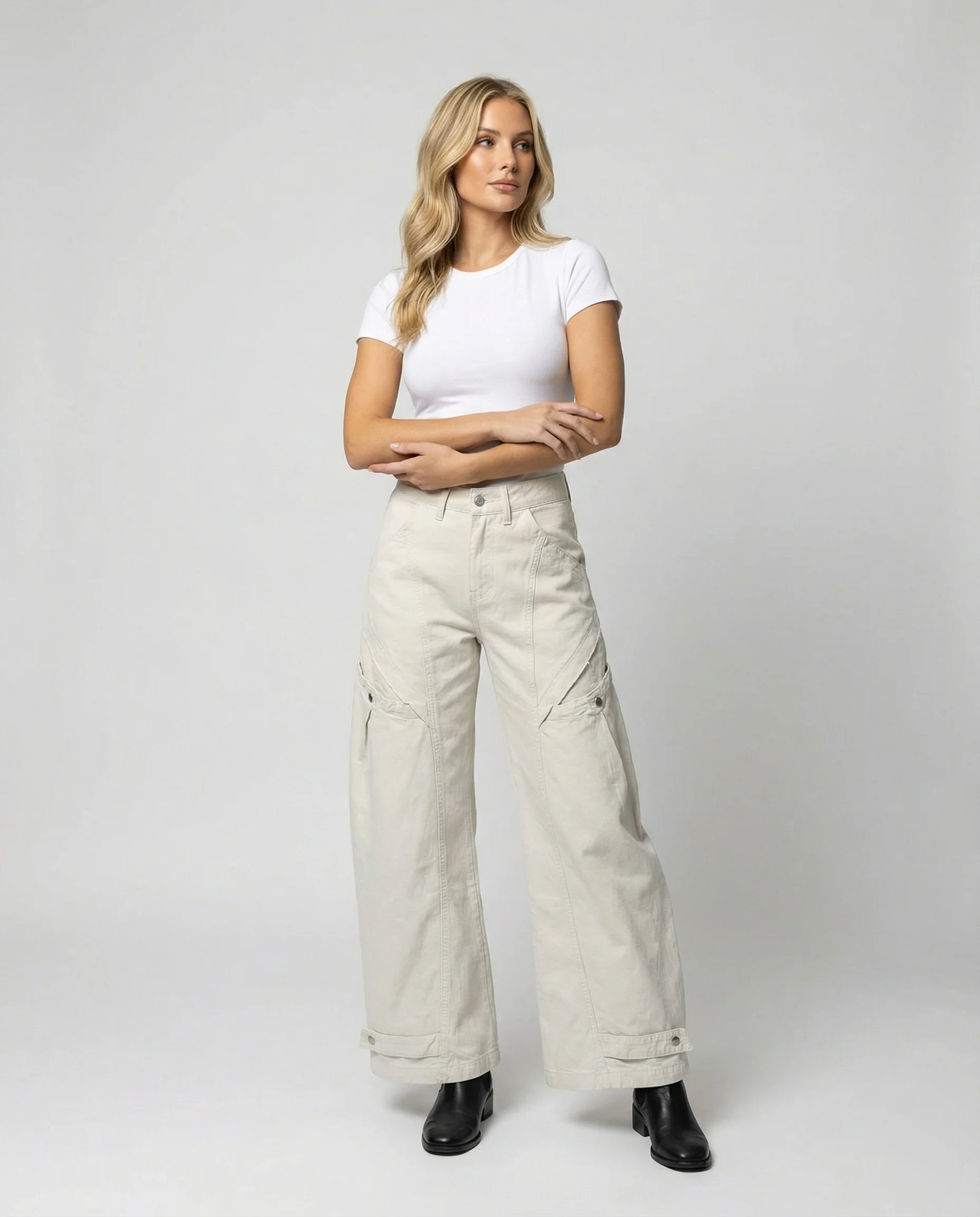 Damen Utility-Palazzohose mit hoher Bundpassform aufgesetzten Klappentaschen und verstellbarem Saum Heidi-Mode - Image 2