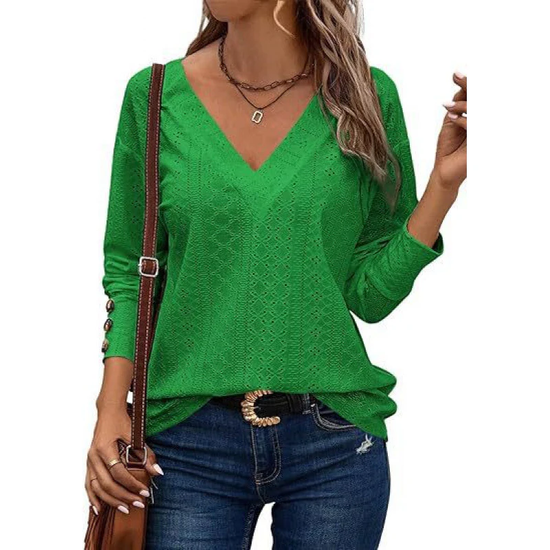 Damen V-Ausschnitt Bluse mit gehäkelter Struktur und langen Ärmeln Heidi-Mode - Image 10