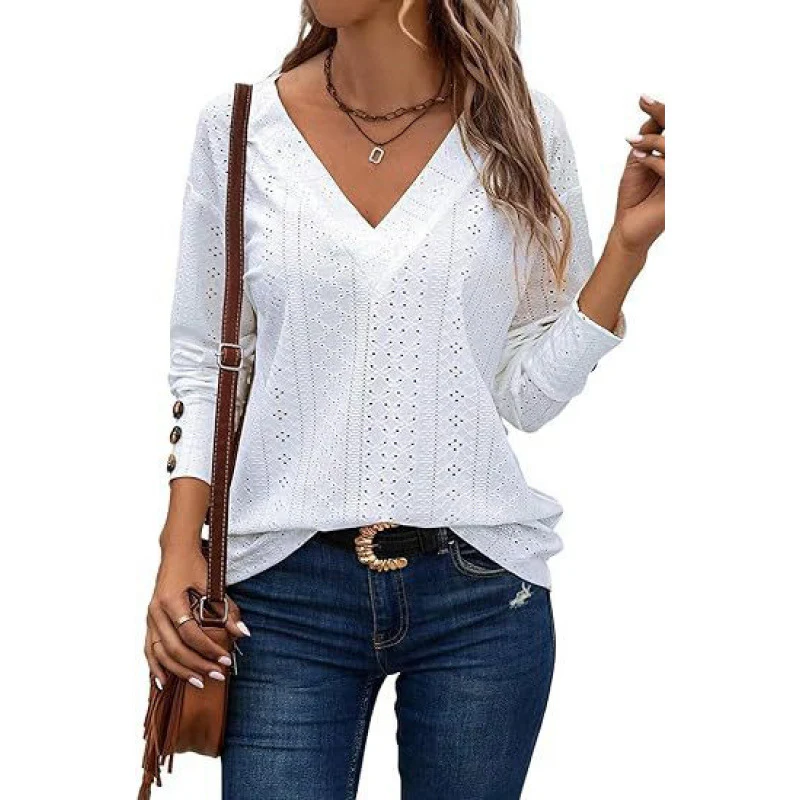 Damen V-Ausschnitt Bluse mit gehäkelter Struktur und langen Ärmeln Heidi-Mode - Image 2