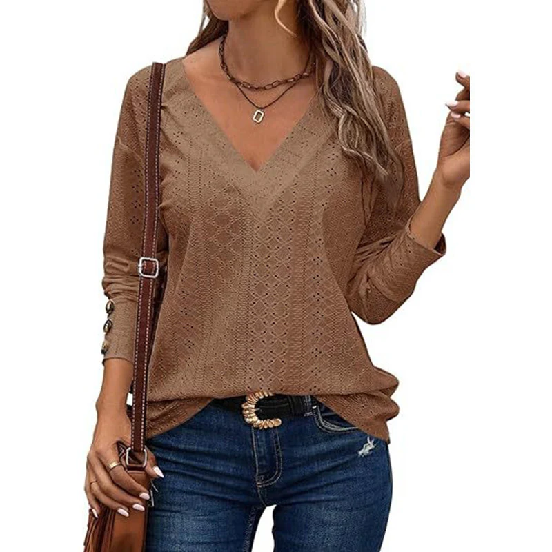 Damen V-Ausschnitt Bluse mit gehäkelter Struktur und langen Ärmeln Heidi-Mode - Image 6