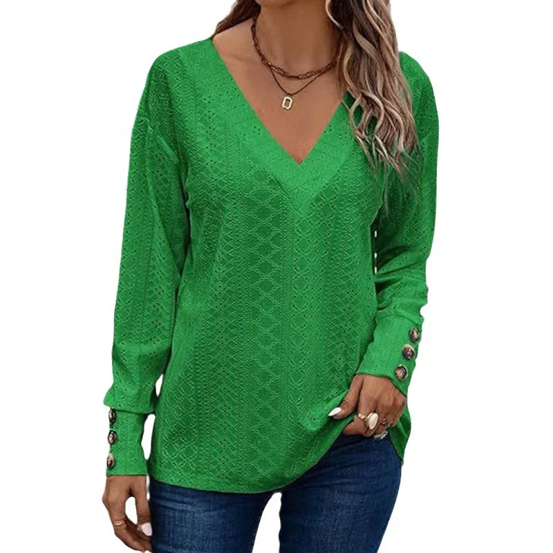 Damen V-Ausschnitt Bluse mit gehäkelter Struktur und langen Ärmeln Heidi-Mode - Image 7