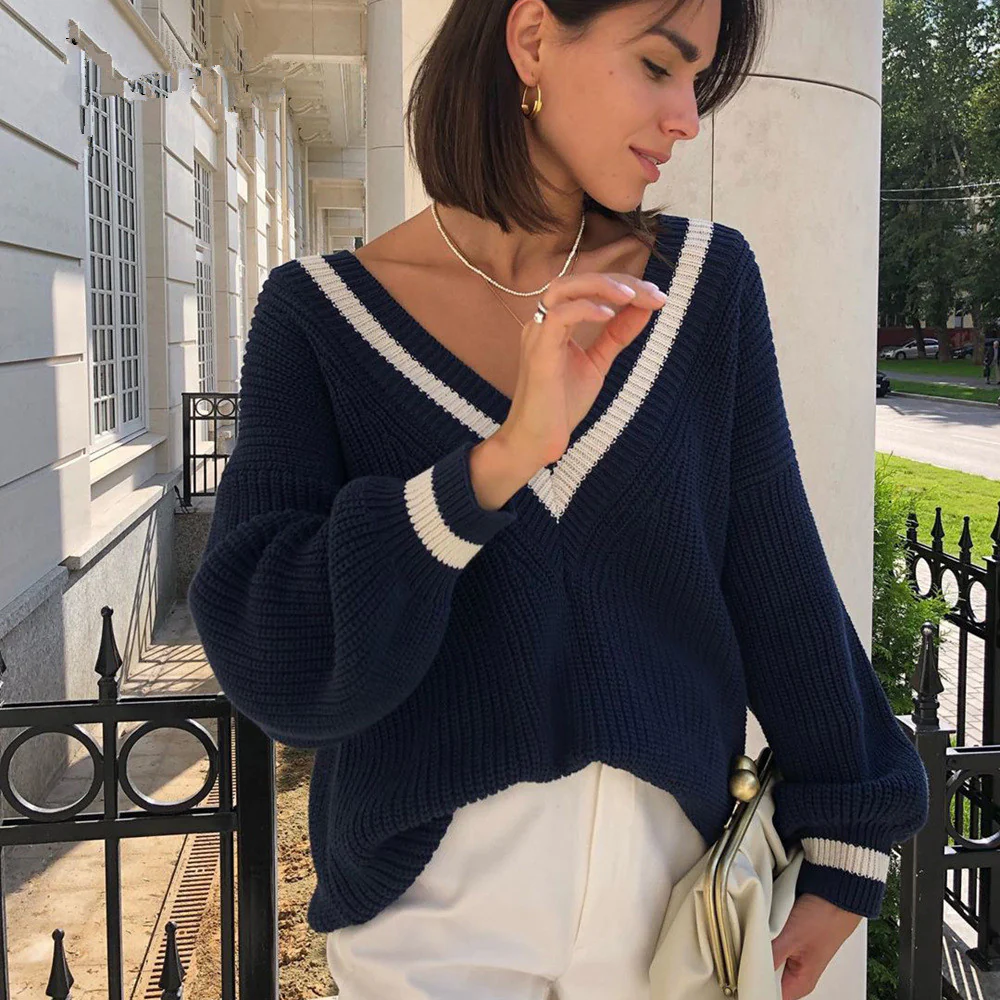 Damen V-Ausschnitt Pullover mit kontrastierenden Streifen Heidi-Mode - Image 3