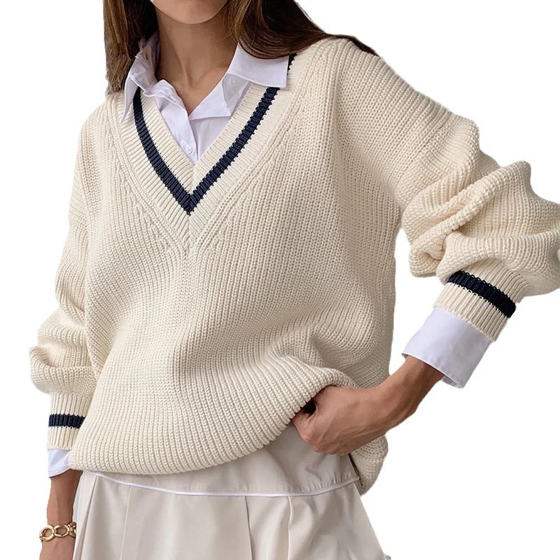 Damen V-Ausschnitt Pullover mit kontrastierenden Streifen Heidi-Mode - Image 5