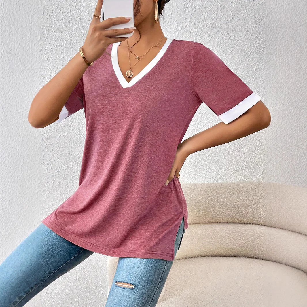 Damen V-Ausschnitt Shirt mit Kontrastärmeln und Bequemer Passform Heidi-Mode - Image 2