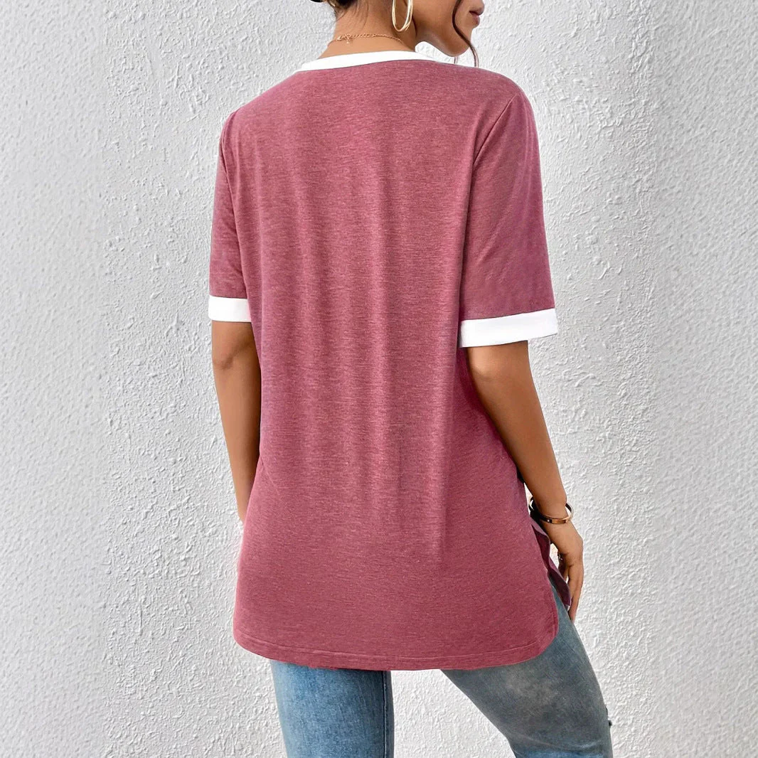 Damen V-Ausschnitt Shirt mit Kontrastärmeln und Bequemer Passform Heidi-Mode - Image 4